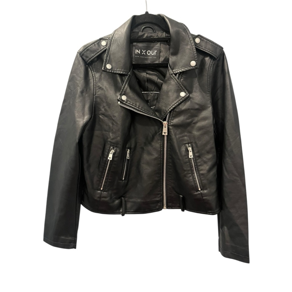 IN X OUT Vegan Leather Embroidered Black Jacket Women's Size Large Full Zip - Picture 2 of 10